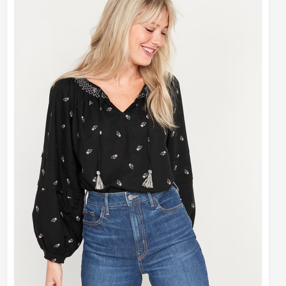 Old Navy Black and White Embellished Blouse with Long Sleeves